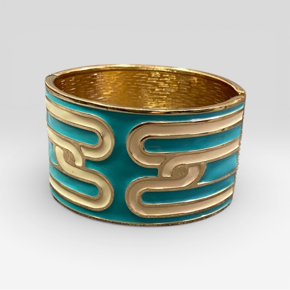 Vintage Gold and Teal Enamel Cuff Bracelet
